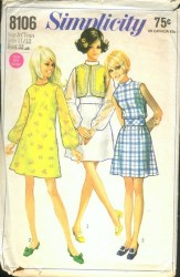 8106 SIMPLICITY 1969 A-LINE SHORTER DRESS SLEEVES OR NOT, BOLERO PATTERN 28''B